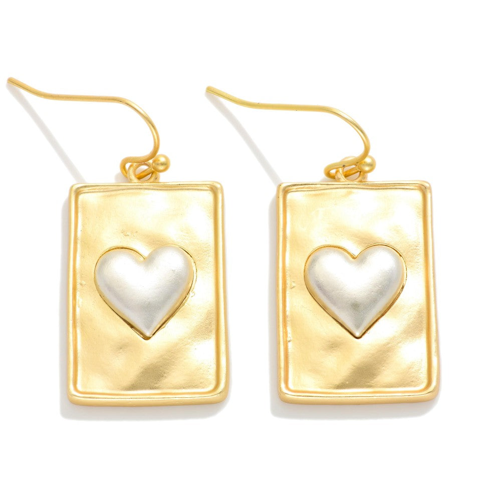 Hammered Metal Rectangle & Heart Post Drop Earrings