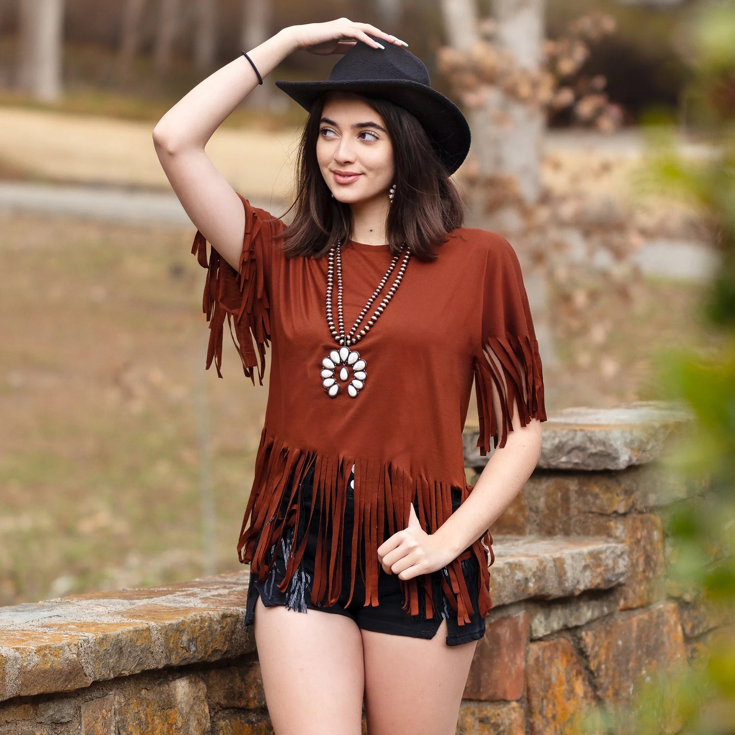 Half Sleeve Top with Fringe Brown