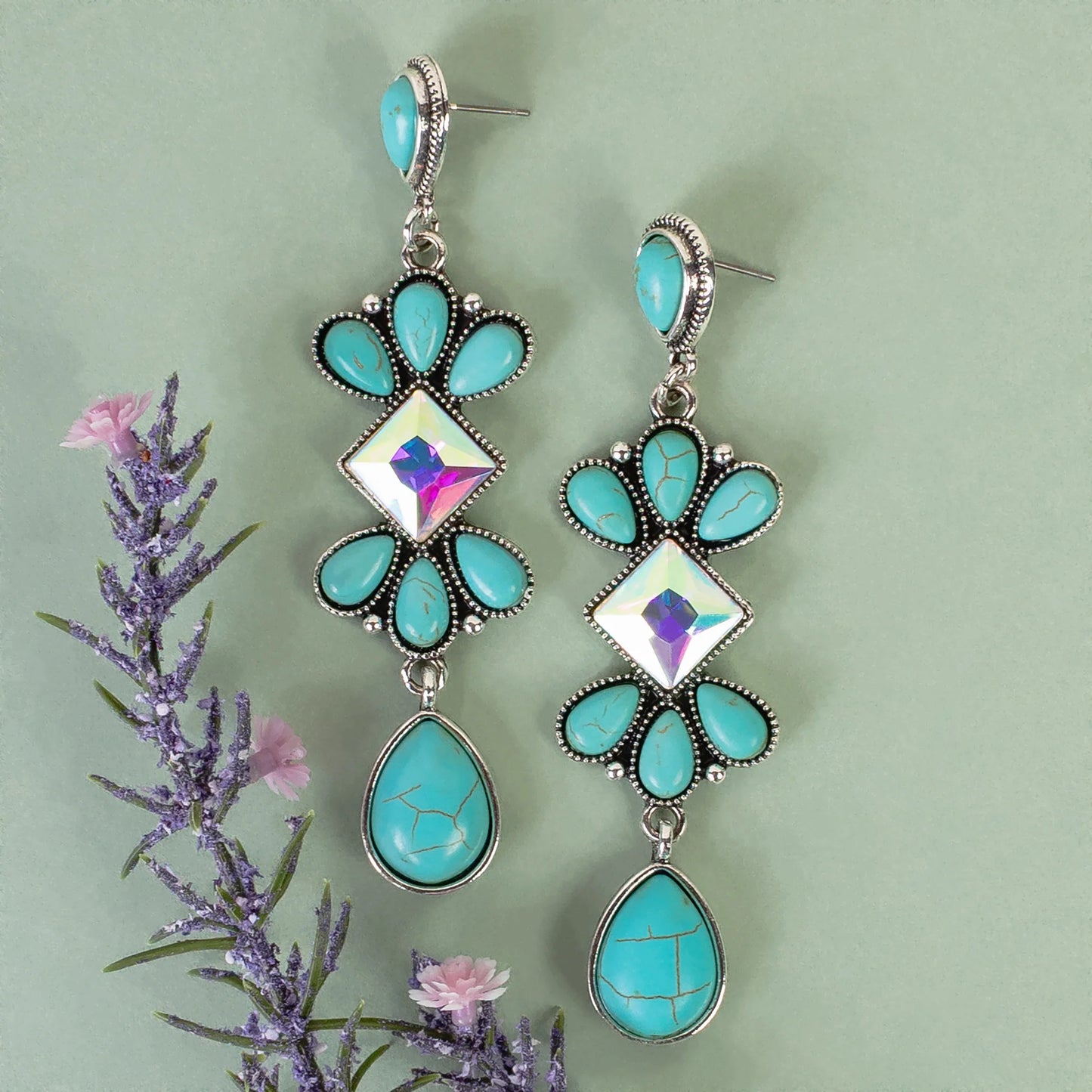93464 - Squash Blossom Earrings - Turquoise & Silver