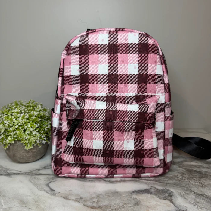 Pink Polka Dot Plaid Water Resistant Backpack