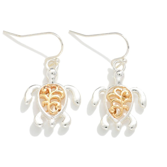 Two Tone Metal Turtle Drop Earrings