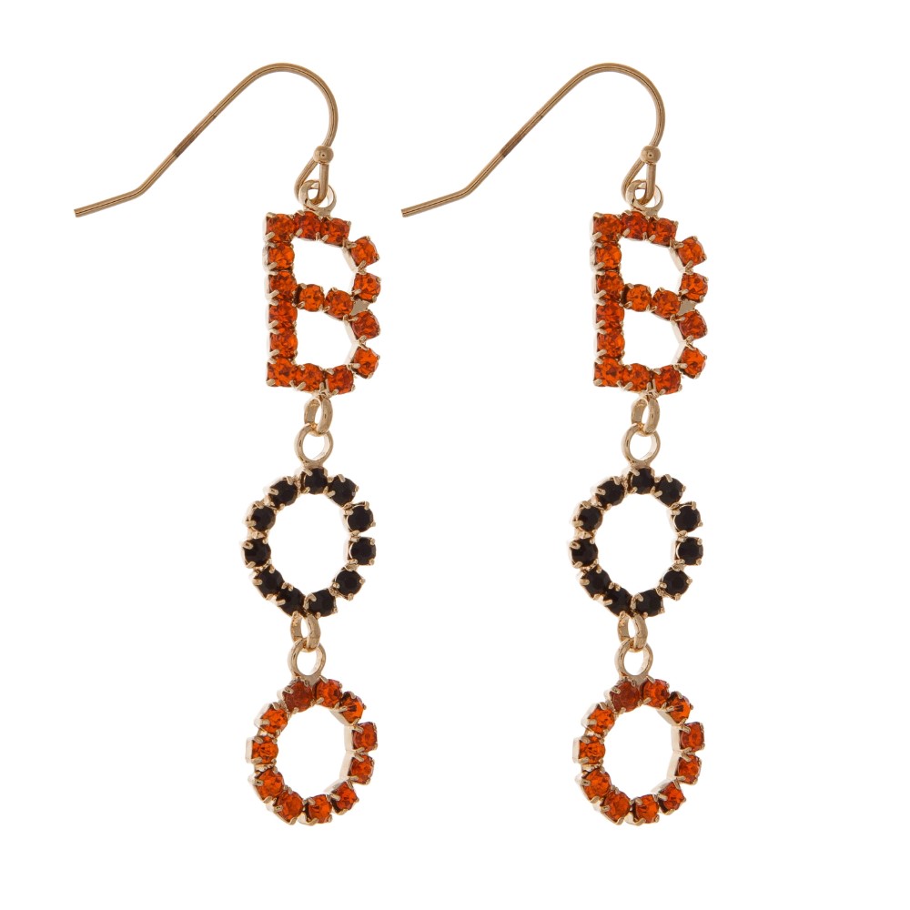 Gold tone fishhook earring with B-O-O rhinestone letters