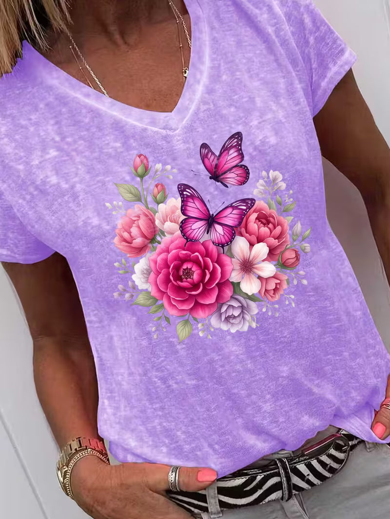Women's Butterfly & Flower Bouquet V-neck Vinyl Graphic T-Shirt