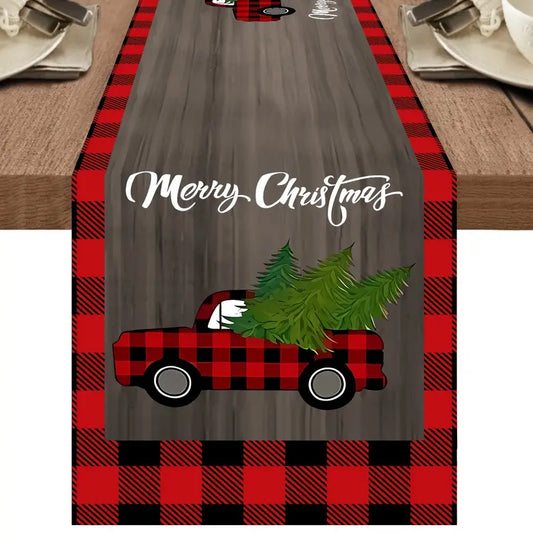 Merry Christmas Plaid Truck Table Runner
