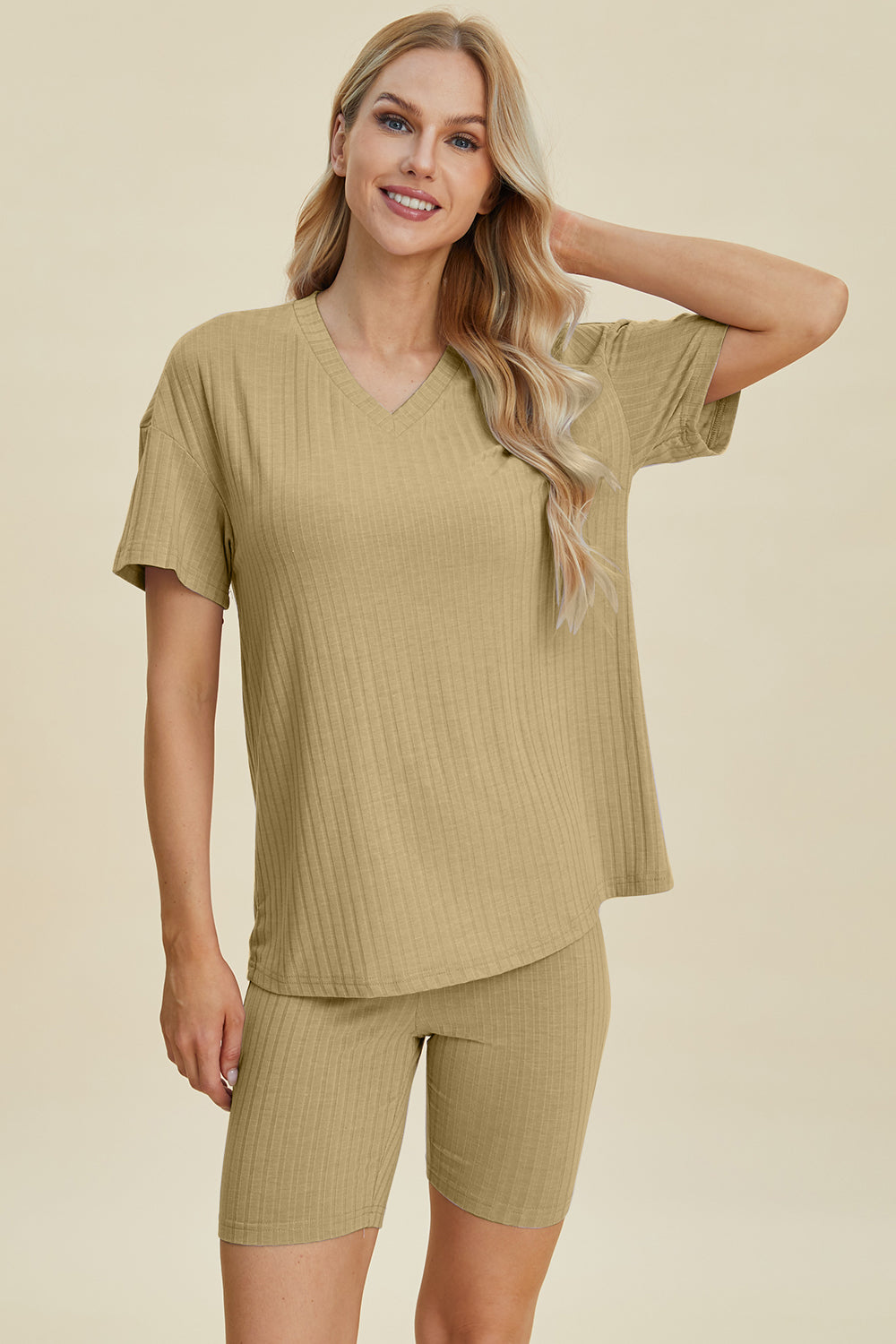 10 Color Options! Basic Bae Full Size Ribbed V-Neck Short Sleeve Top and Shorts Set