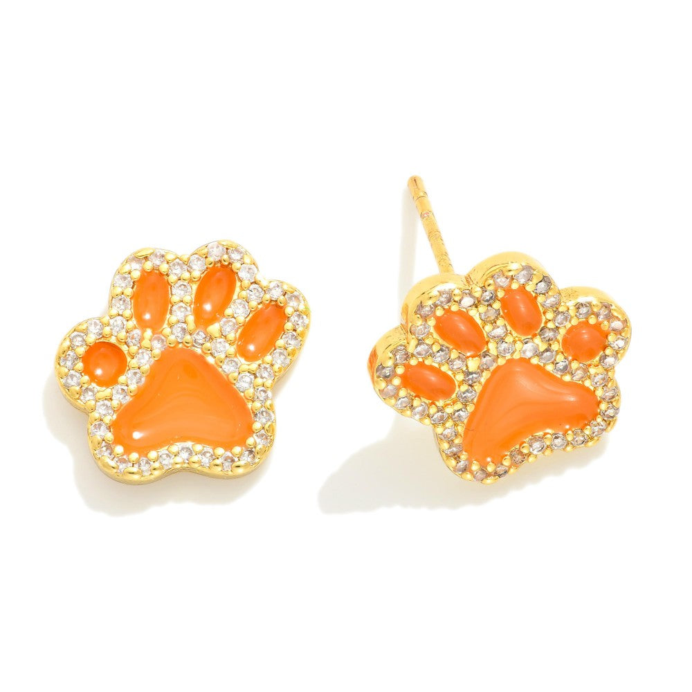 Gold Dipped Cubic Zirconia Studded Game Day Paw Print Stud Earrings