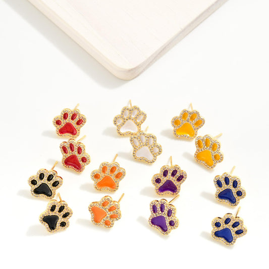 Gold Dipped Cubic Zirconia Studded Game Day Paw Print Stud Earrings