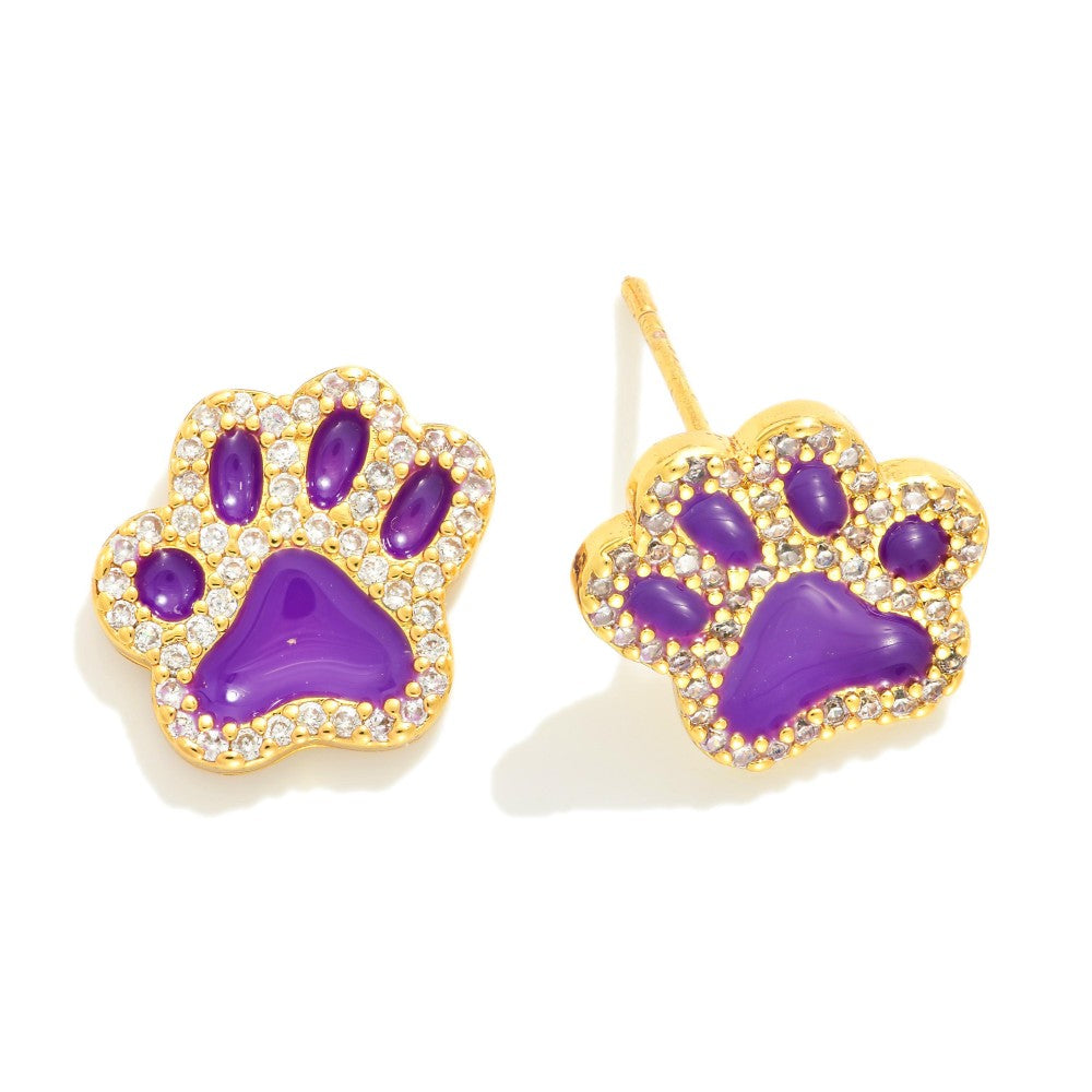 Gold Dipped Cubic Zirconia Studded Game Day Paw Print Stud Earrings