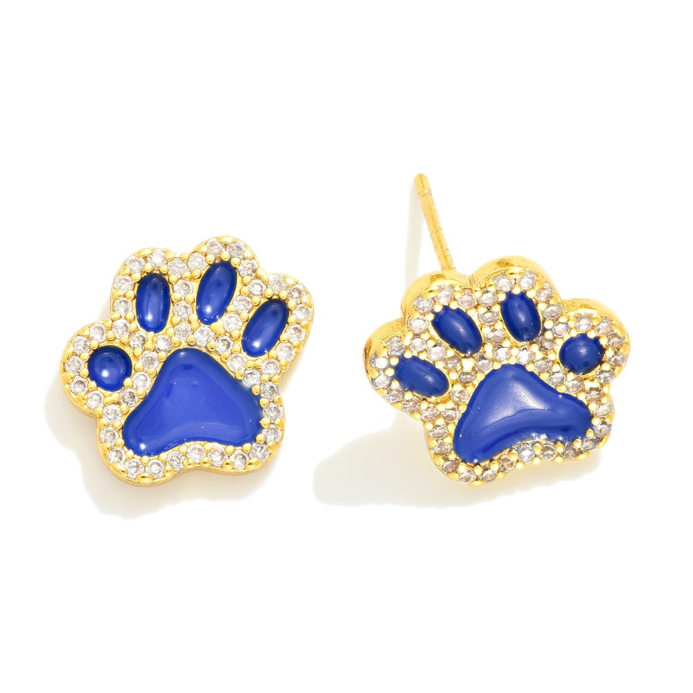 Gold Dipped Cubic Zirconia Studded Game Day Paw Print Stud Earrings