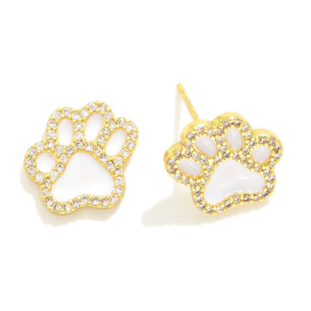 Gold Dipped Cubic Zirconia Studded Game Day Paw Print Stud Earrings