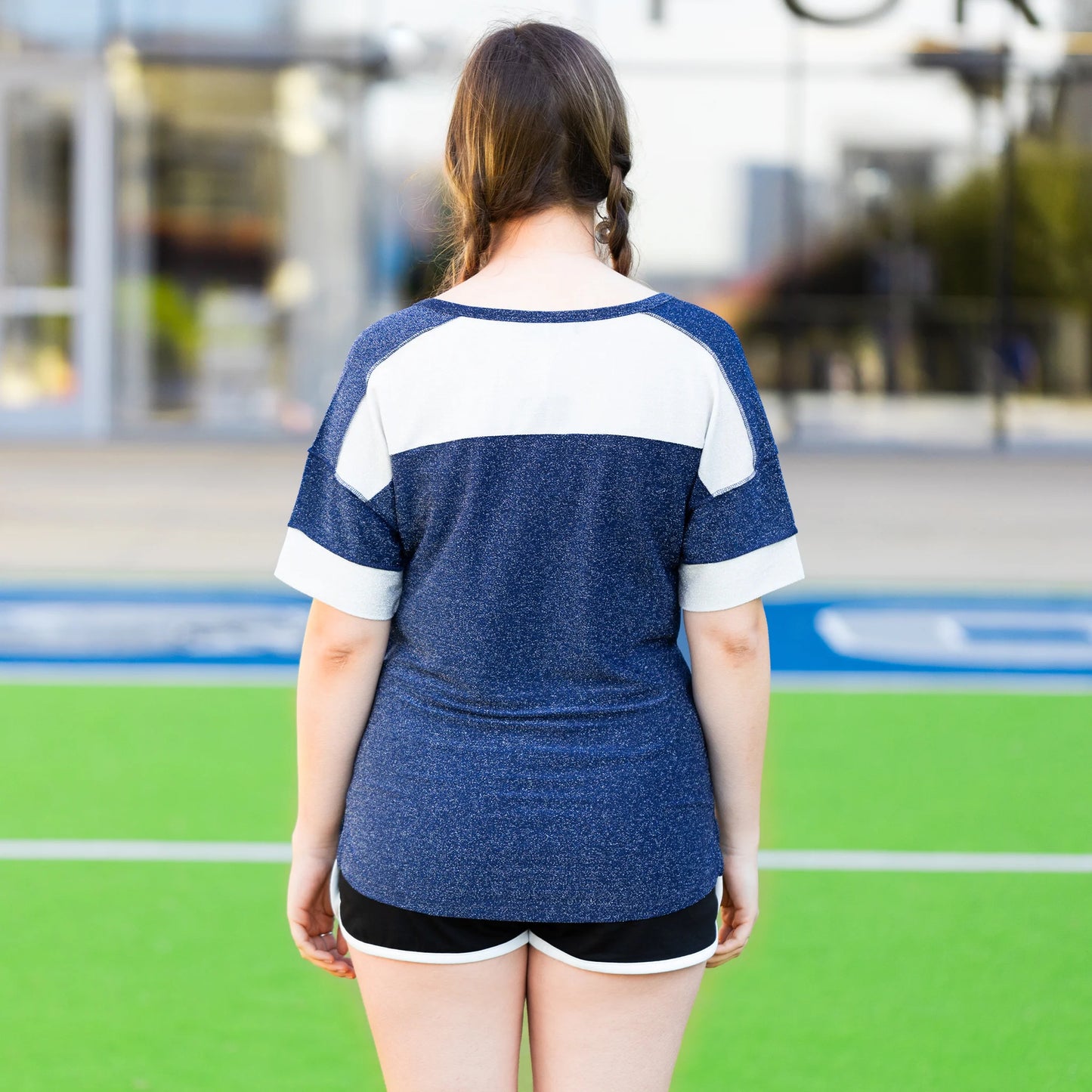Game Day Shimmery Top with Accent Buttons - Blue