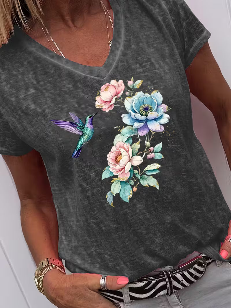 Women's Bird & Flowers V-neck Vinyl Graphic T-Shirt