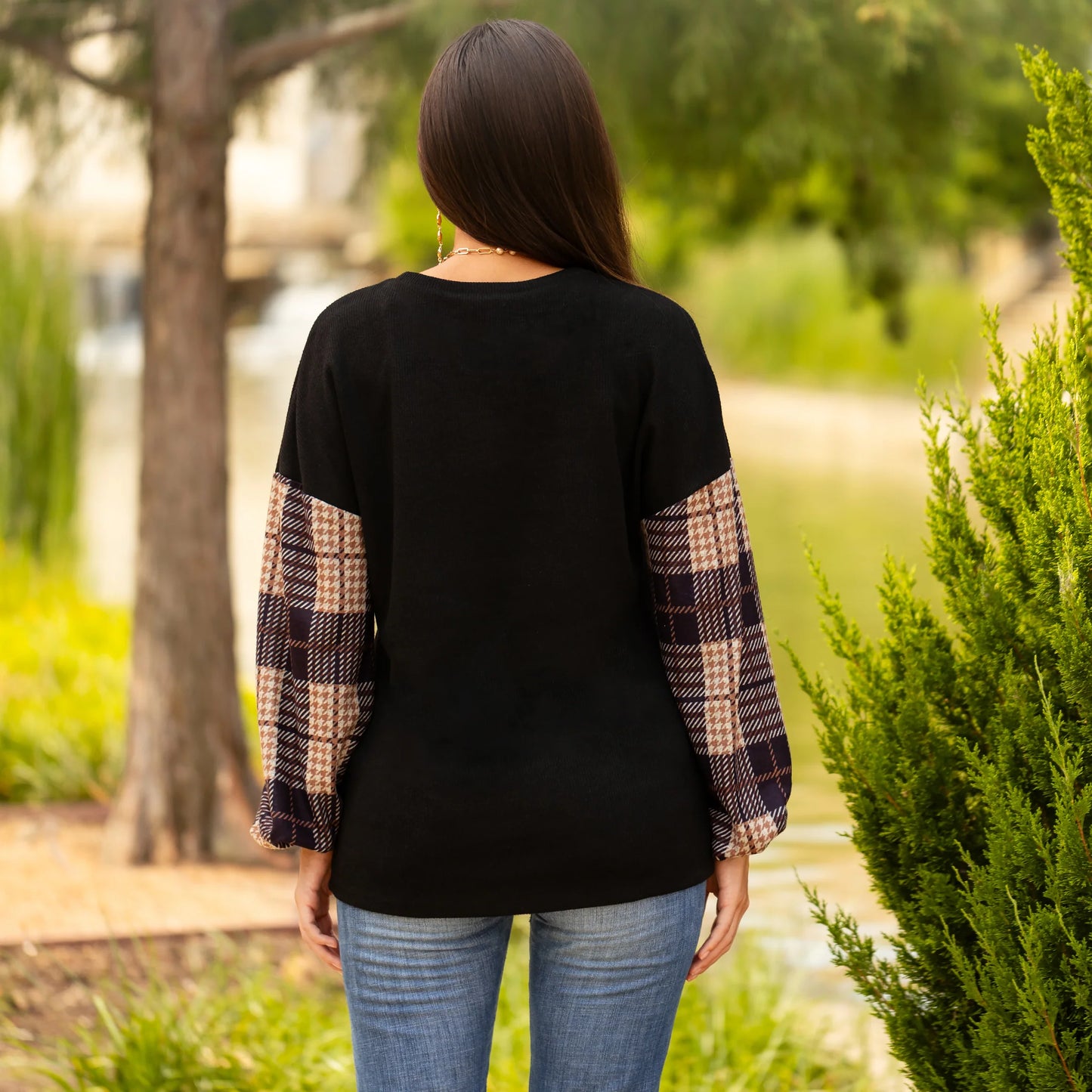 Sunshine & Redeo Plaid Stripes Print Long Sleeve Top
