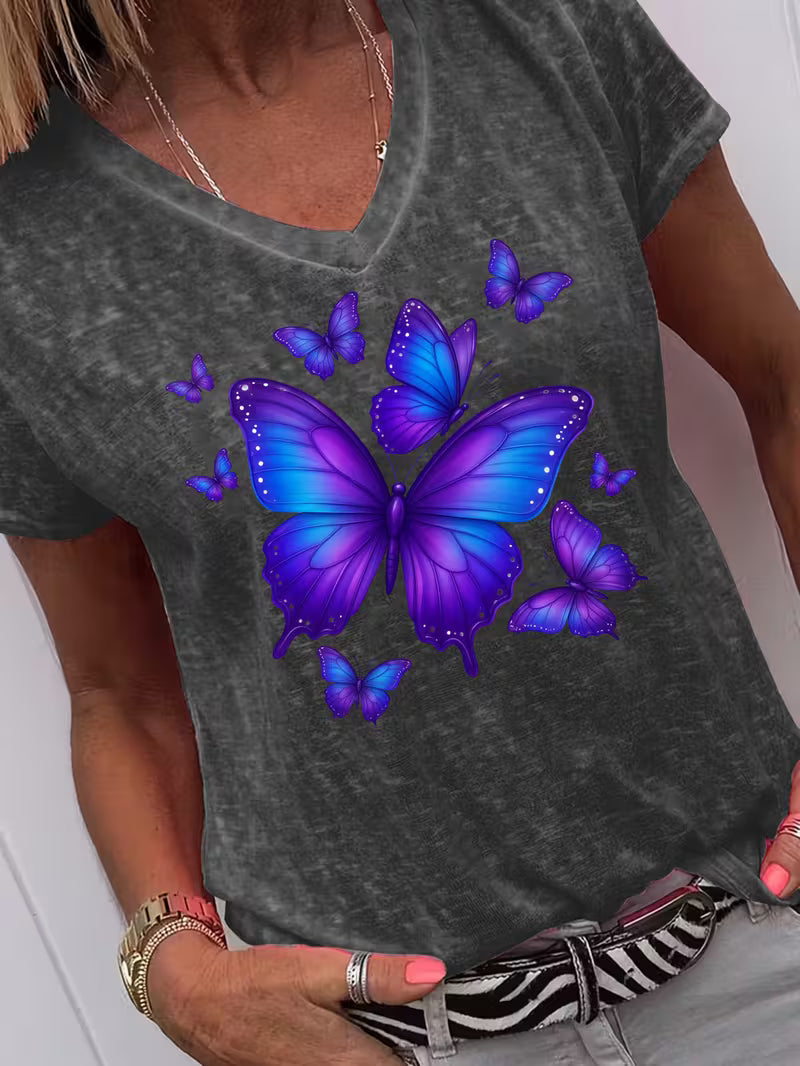 Women's Butterfly V-neck Vinyl Graphic T-Shirt