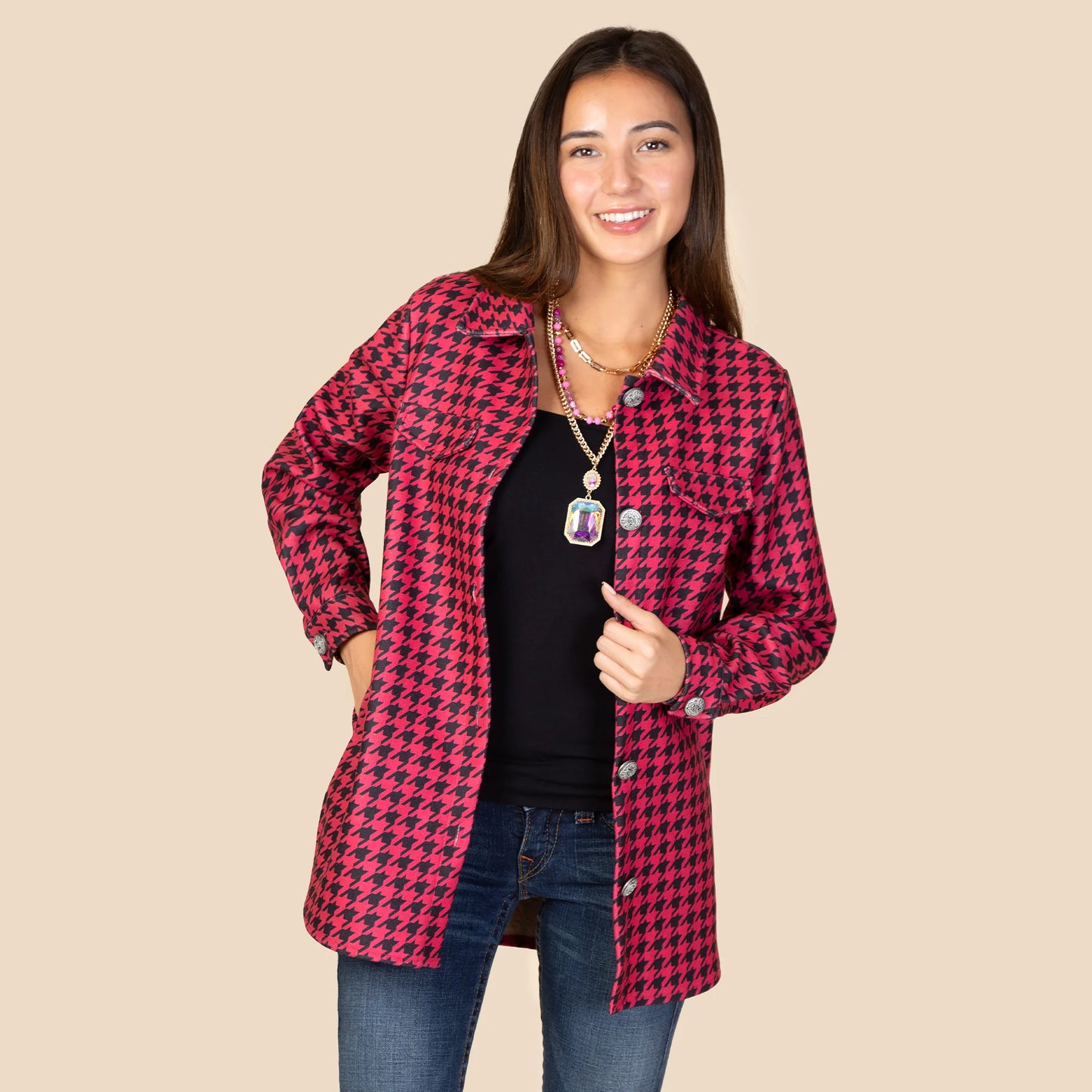 Houndstooth Pattern Shacket with Pockets - Pink