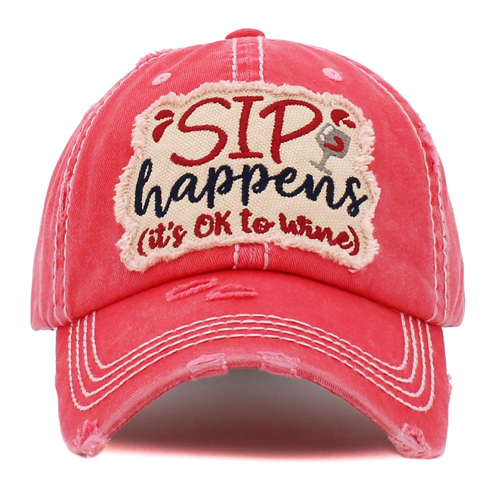 Vintage Distressed Sip Happens Patch Baseball Cap.