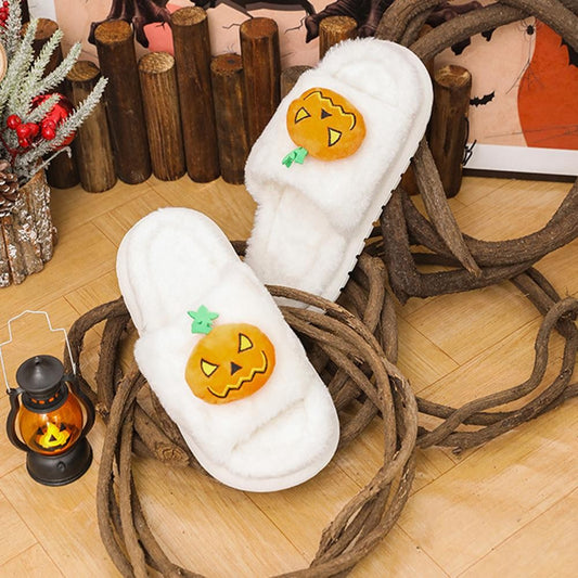 Faux Fur Open Toe Jack-O'- Lantern Slippers