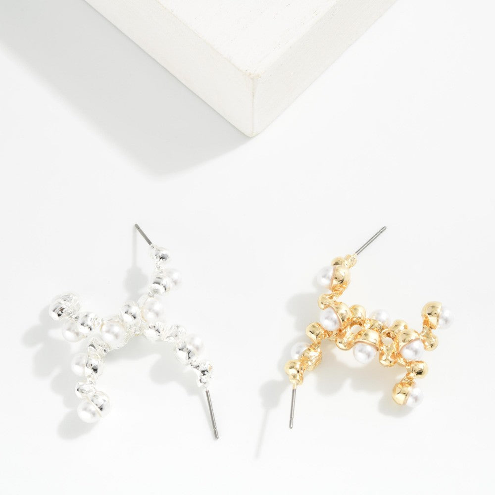 Metal Tone Half Hoop Drop Earring Featuring Pearl & Metal Ball Studded Details