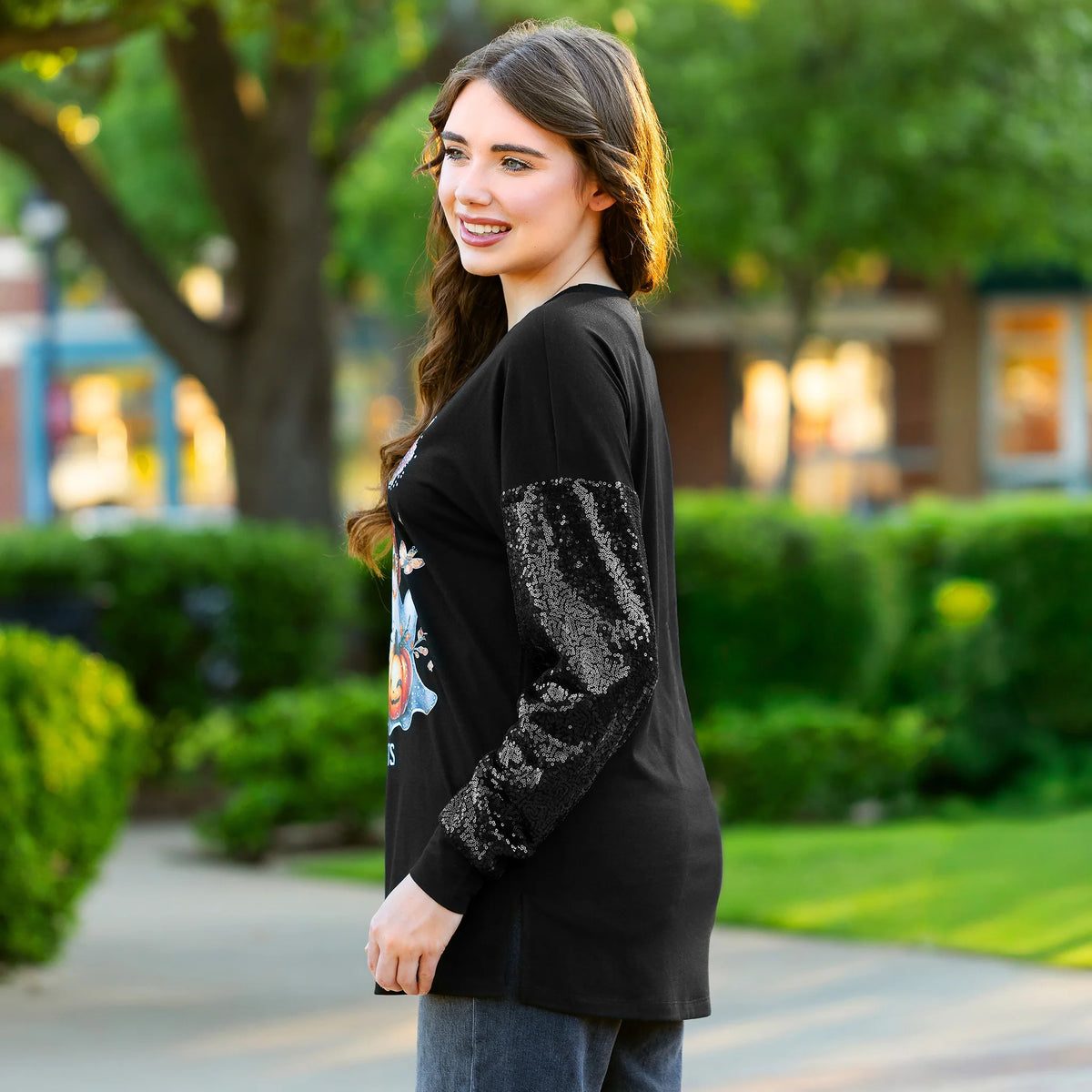 Sunshine & Rodeo Pumpkin Spice & Spooky Nights Halloween Sequin Long Sleeve Top