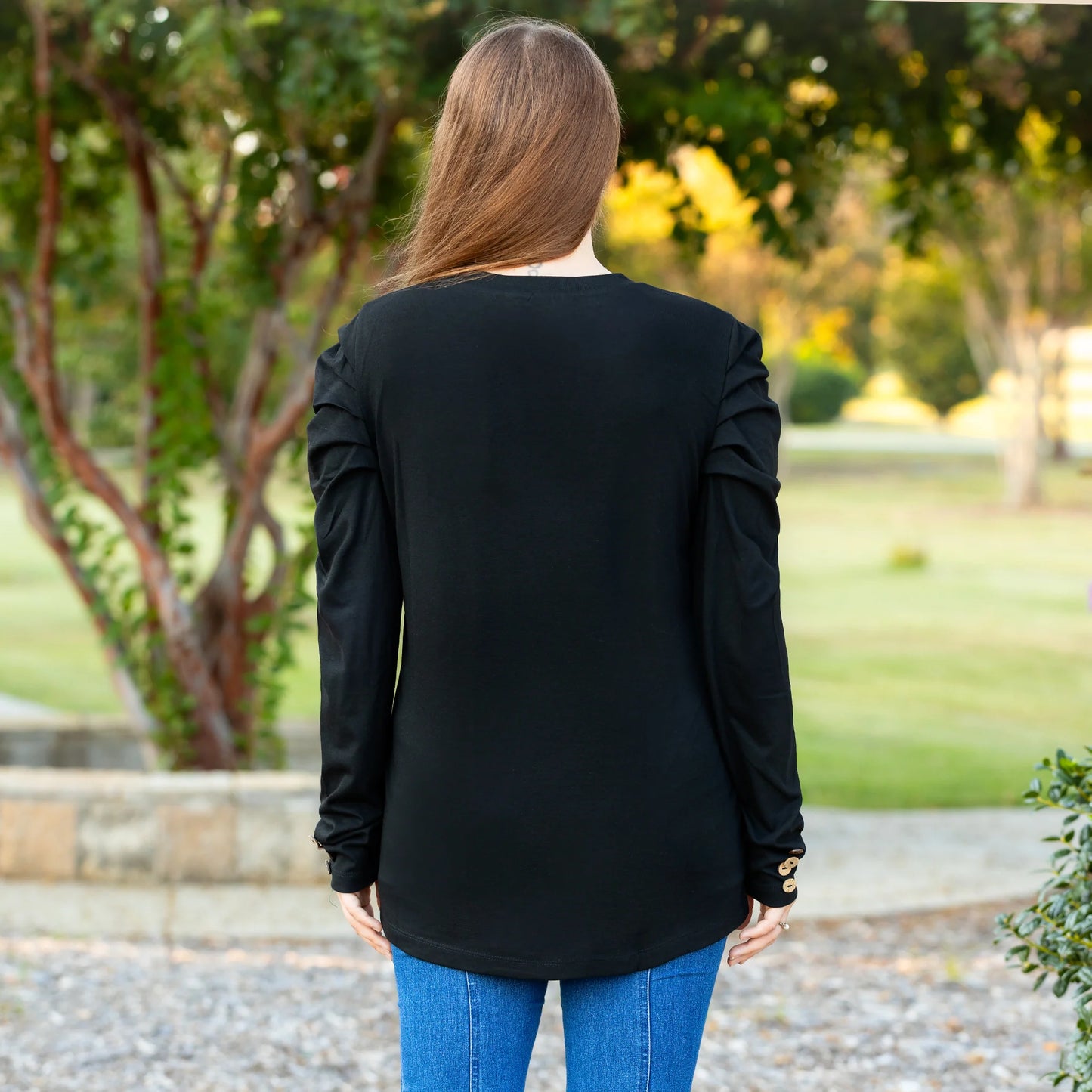 Ruffle Sleeve Top with Button Accents - Black