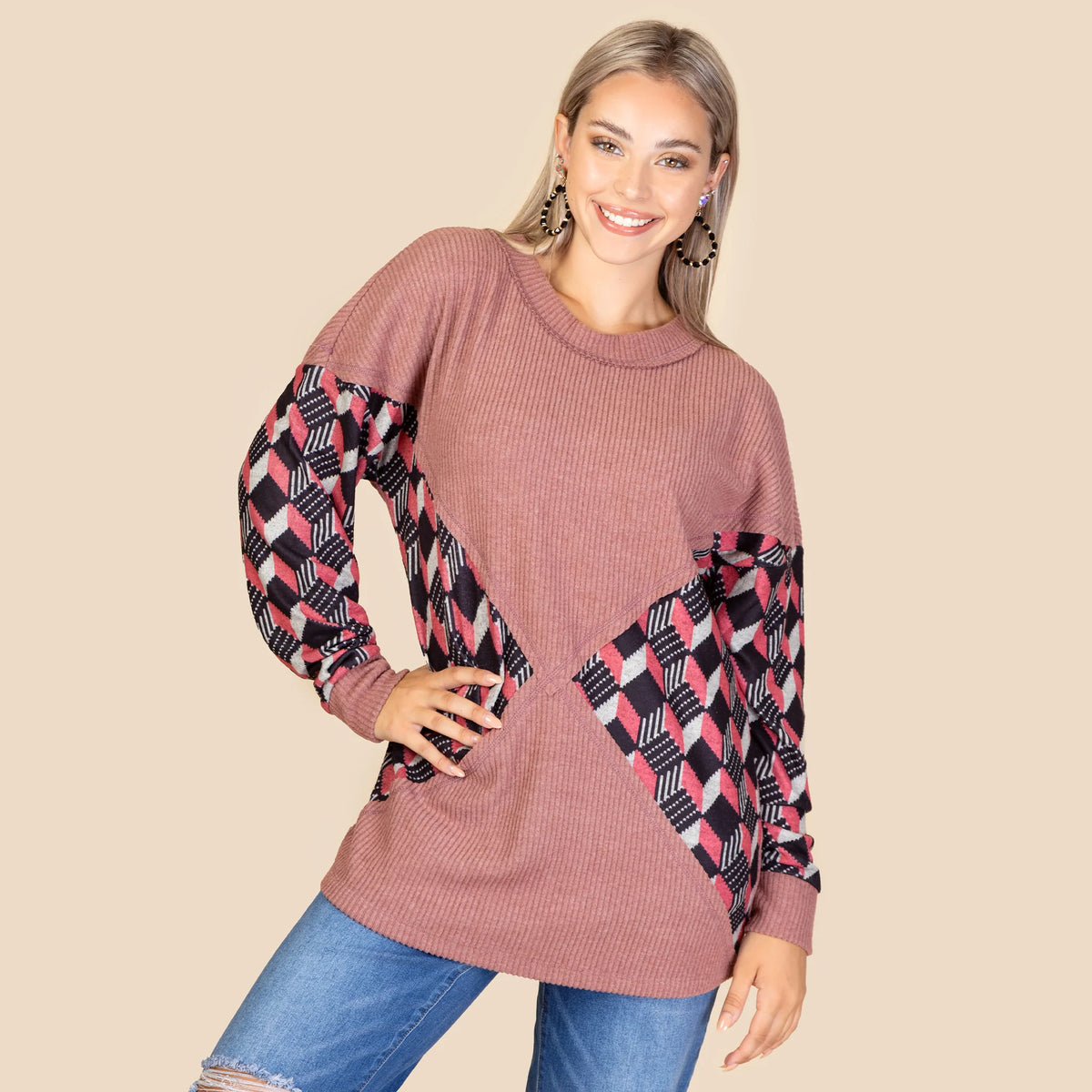 Sunshine & Redeo Geometric Print Long Sleeve Top