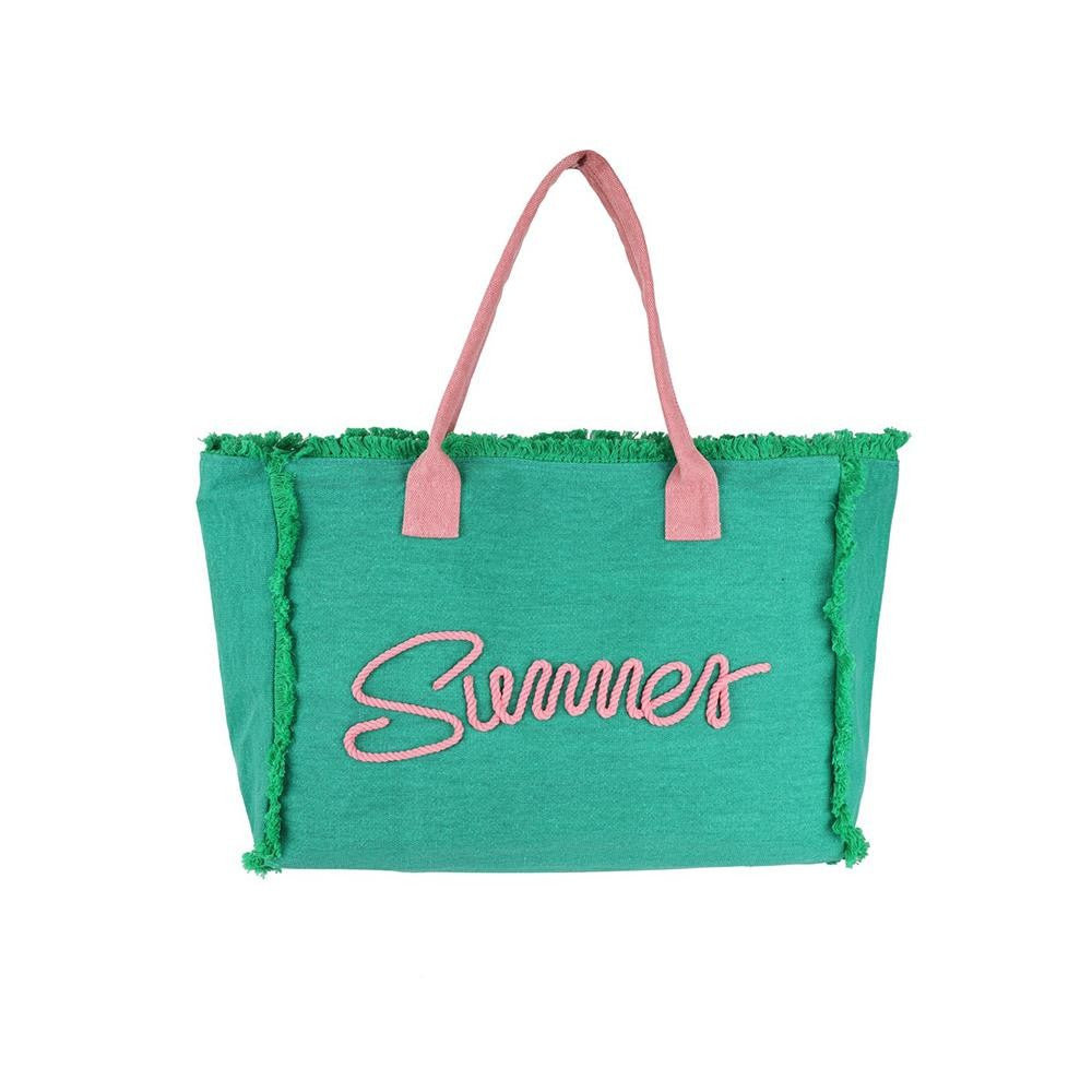 Sewn Rope 'Summer' Letter Fringed Canvas Tote Bag Green