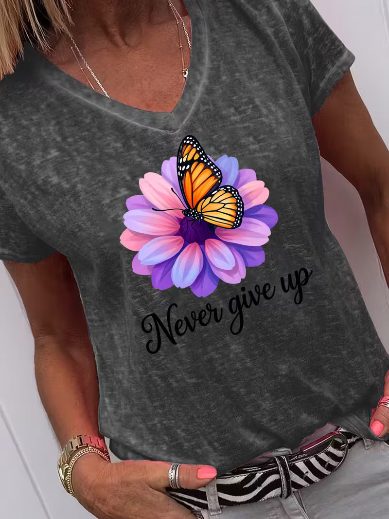 Women's Never Give Up V-neck Vinyl Graphic T-Shirt