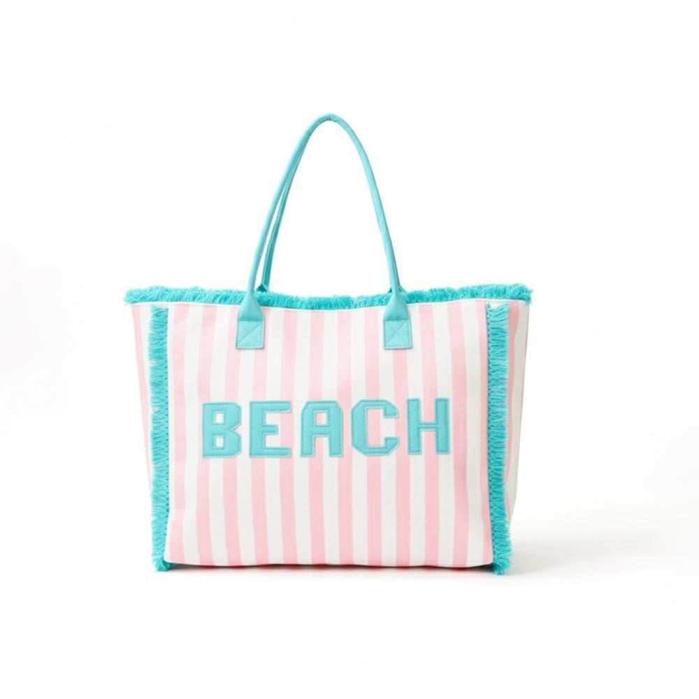 "BEACH" Terry Cloth Striped Tote Bag With Frings  - Teal