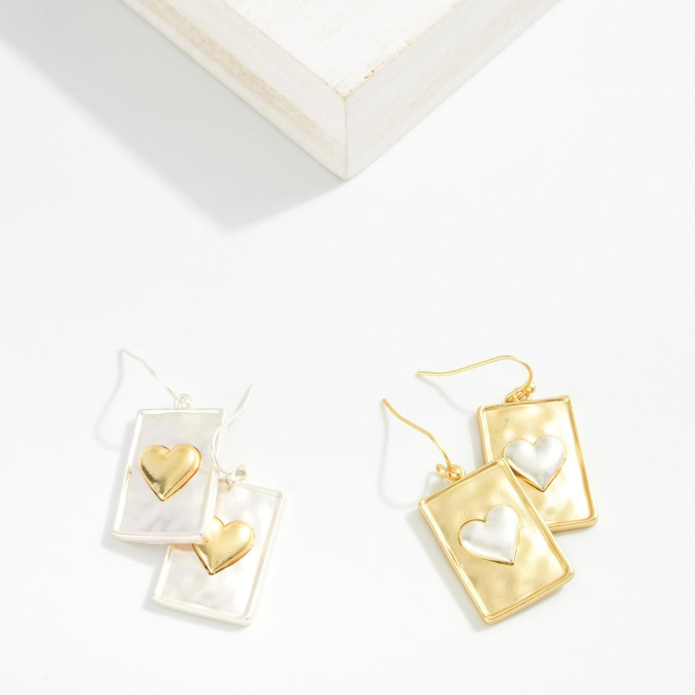 Hammered Metal Rectangle & Heart Post Drop Earrings