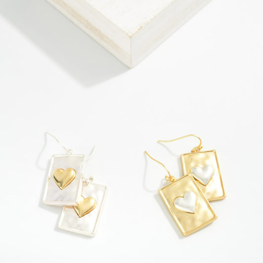 Hammered Metal Rectangle & Heart Post Drop Earrings