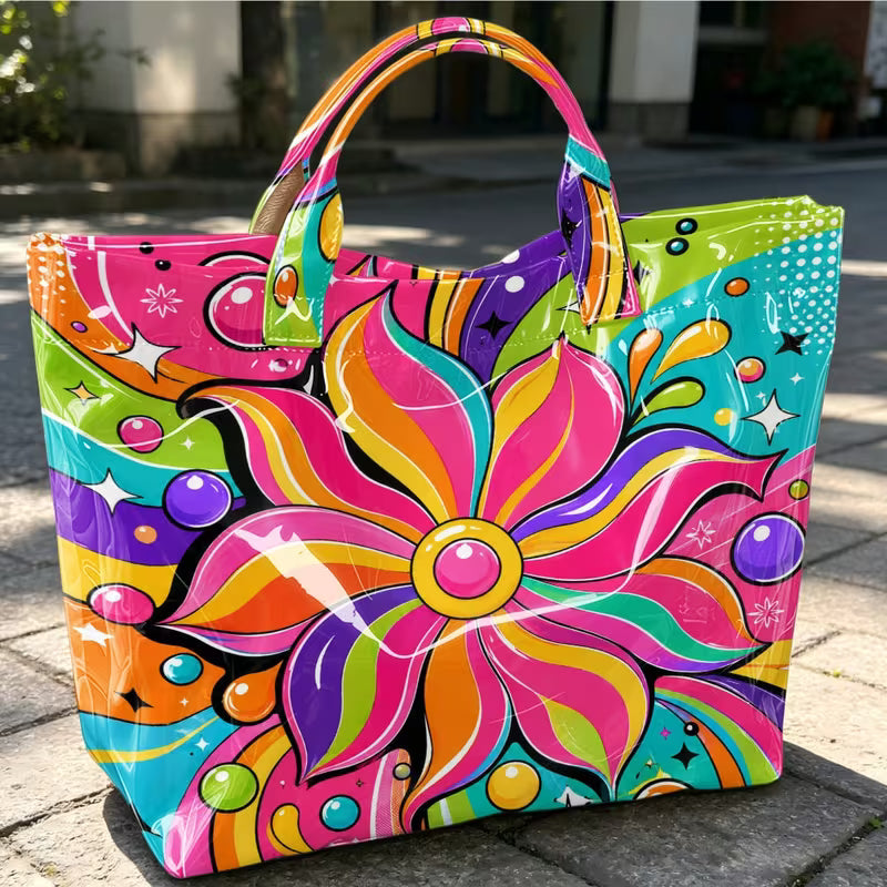 Glossy PVC Large Colorful Flower Tote Bag
