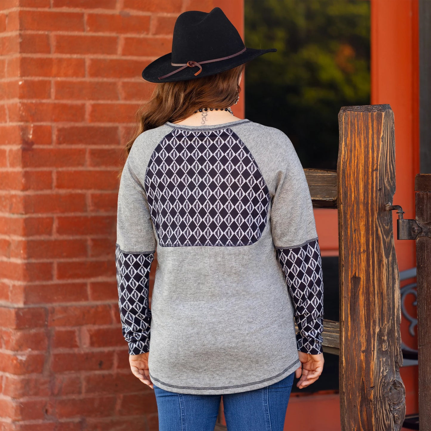 Sunshine & Redeo Geometric Print Patchwork Long Sleeve Top