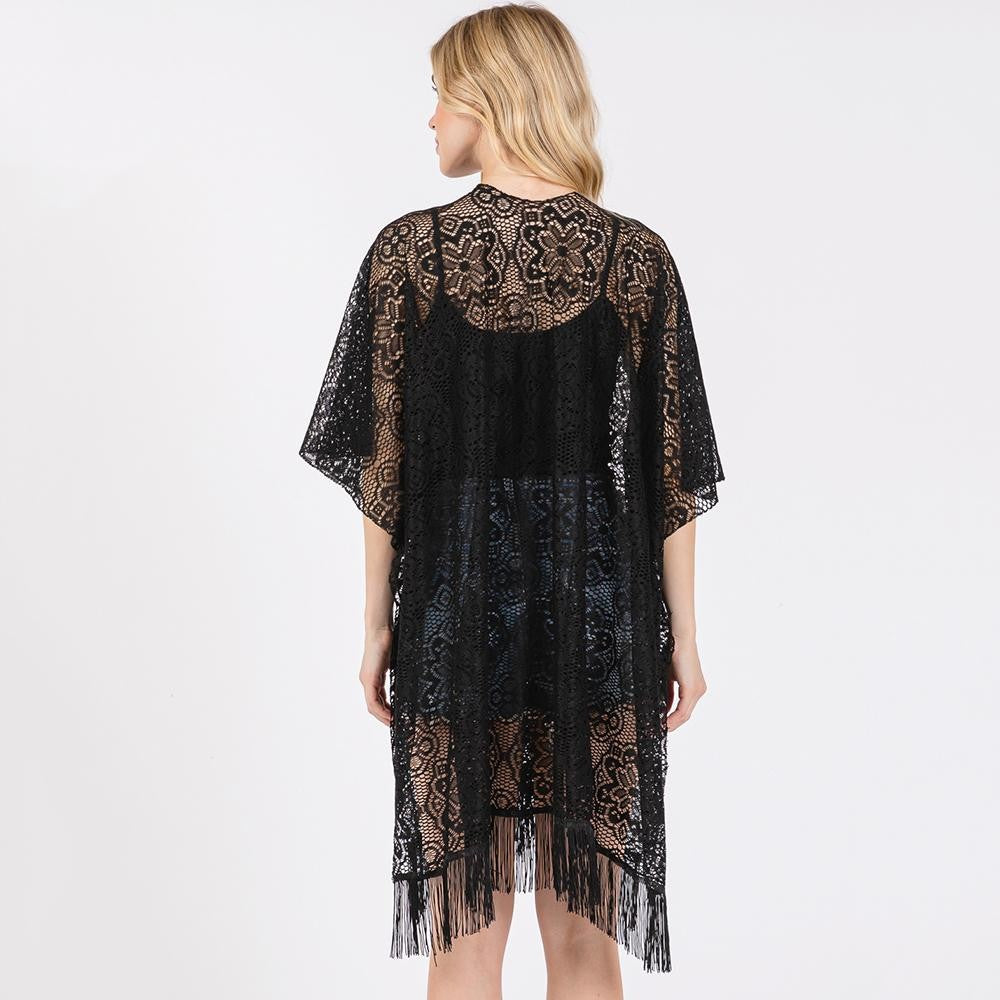 Flower Pattern Crochet Lace Kimono With Fringe Details - Black