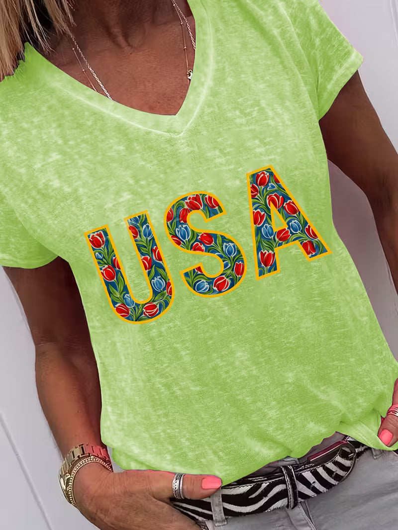 Women's Floral USA V-neck Vinyl Graphic T-Shirt