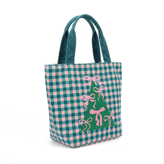 Gingham canvas tote with an embroidered bow trimmed tree
