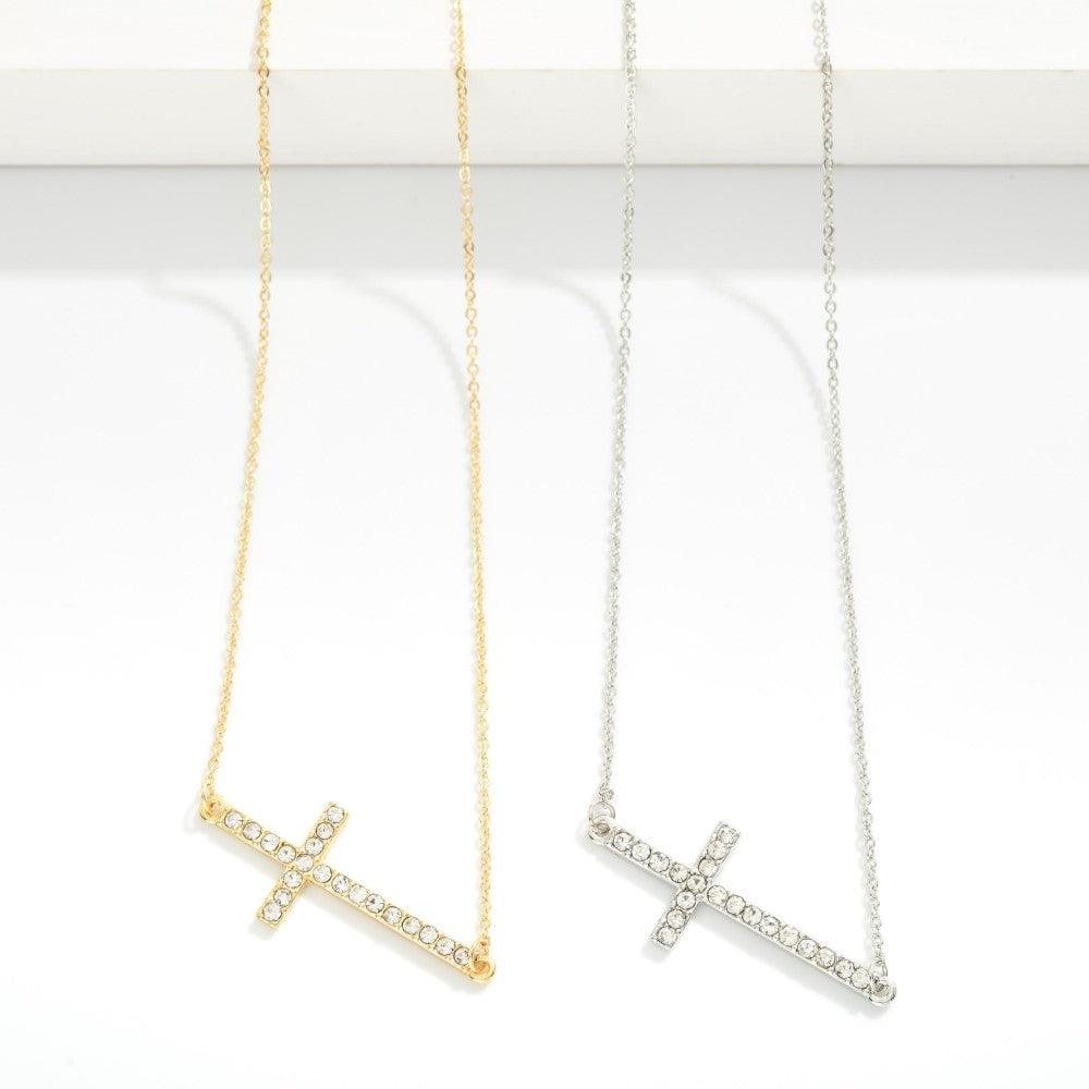 Chain Link Necklace Featuring Rhinestone Studded East West Cross Pendant