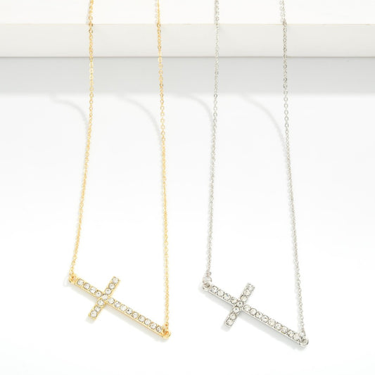 Chain Link Necklace Featuring Rhinestone Studded East West Cross Pendant