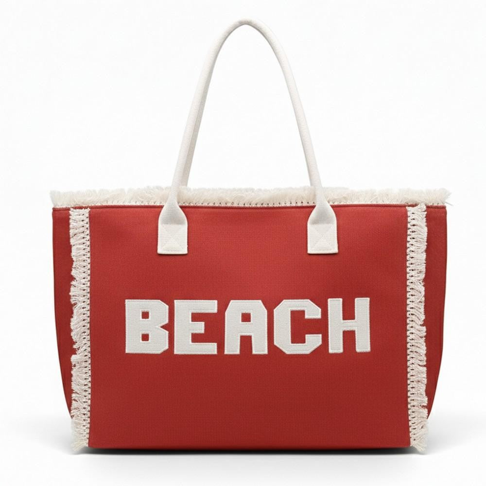 Canvas Tote Bag With "BEACH" Embroidered Canvas Patches Featuring Fringes Accents - Rust