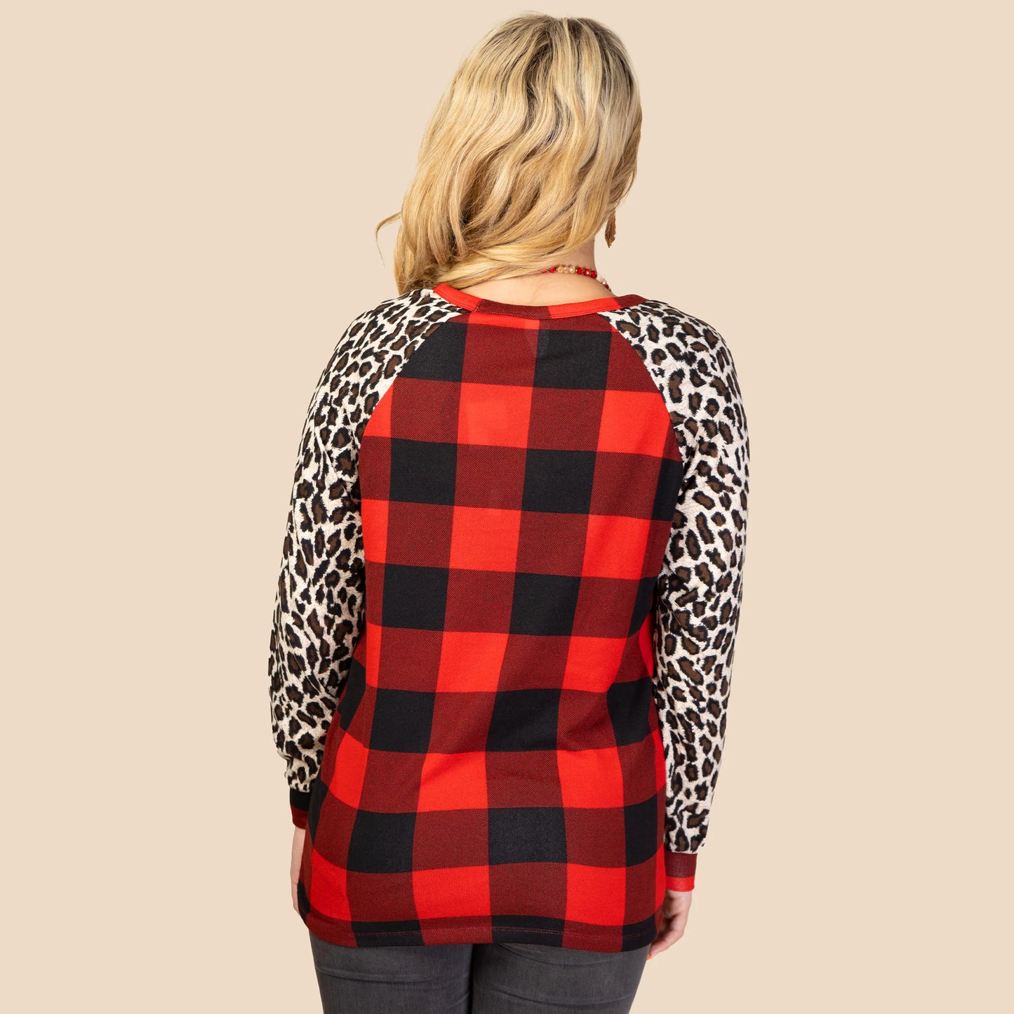 Sunshine & Redeo Buffalo Plaid Top with Leopard Sleeves