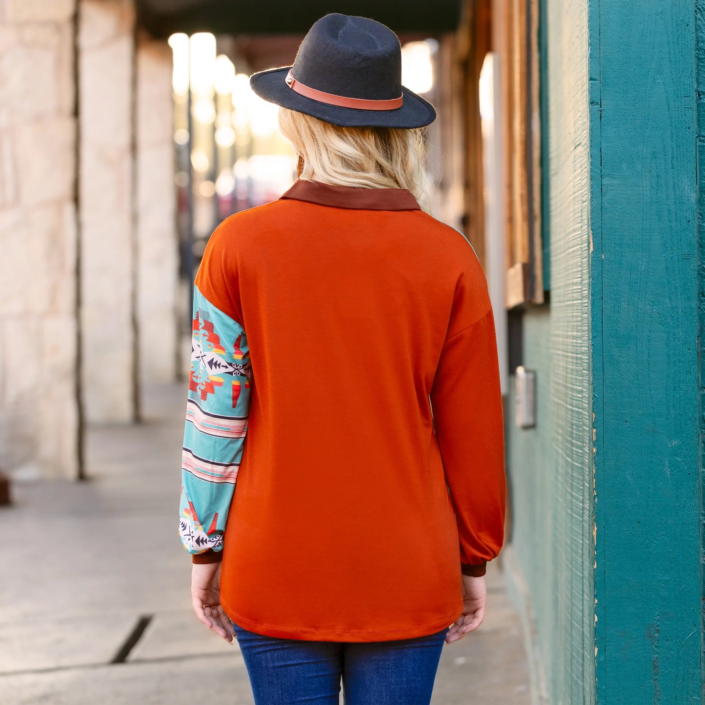 Sunshine & Redeo Color Block Geometric Print Long Sleeve Top