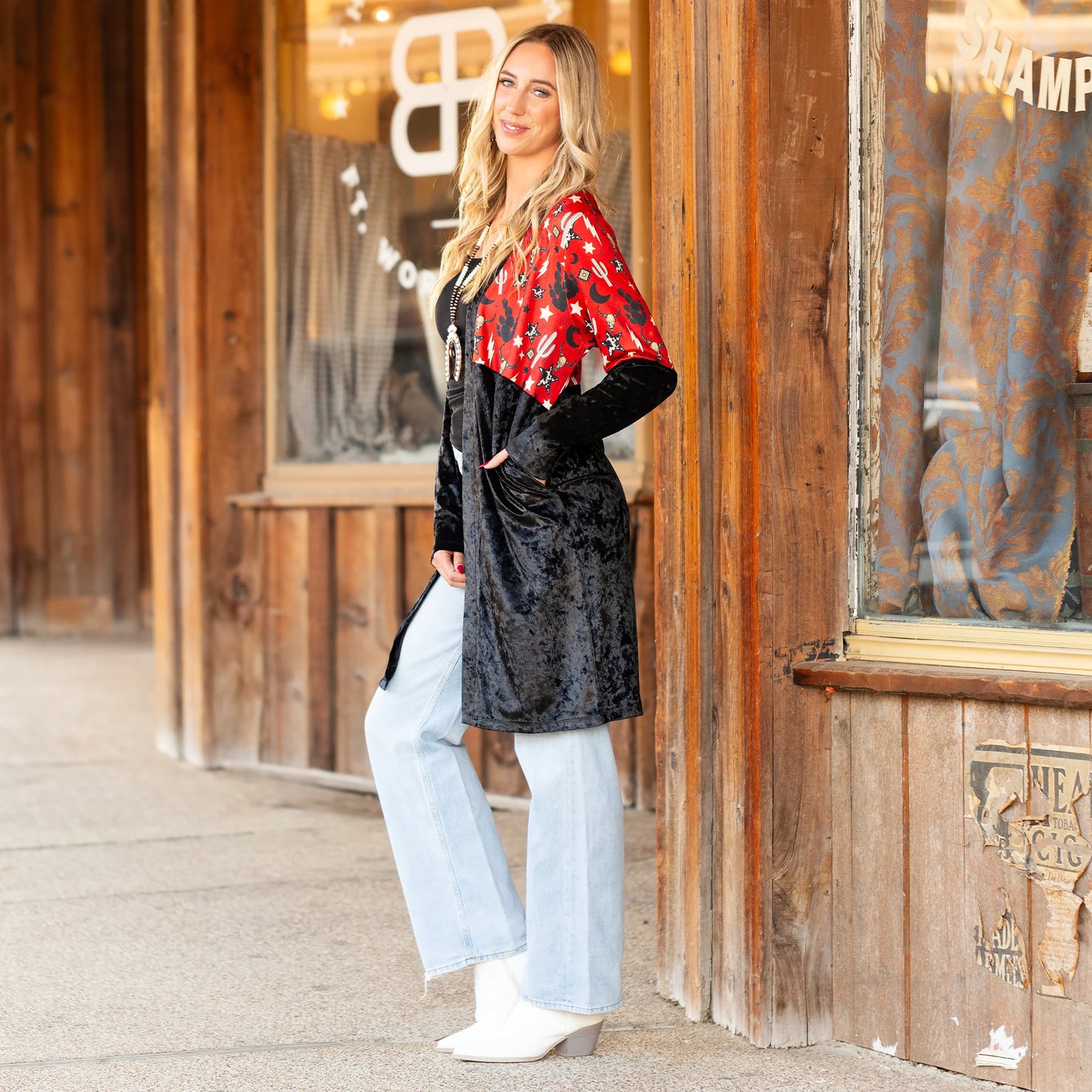 Sunshine & Redeo Western Print Velvet Cardigan with Pockets