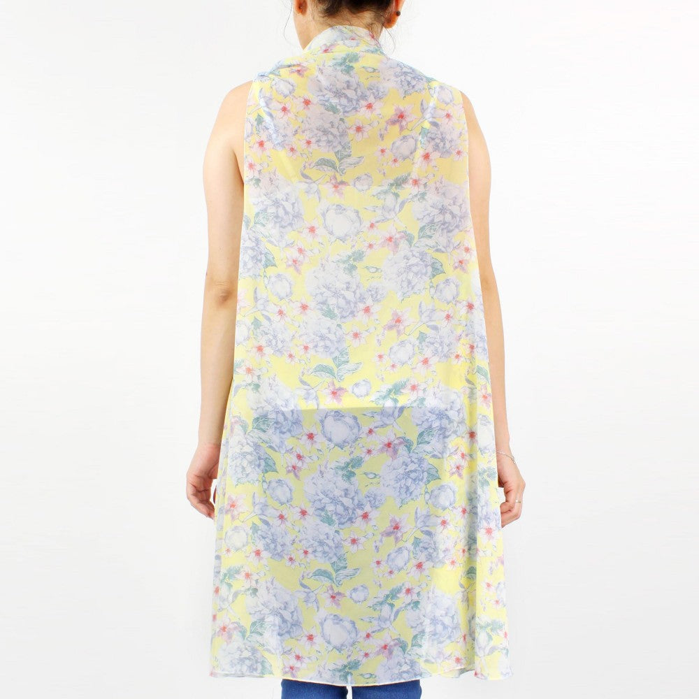 Lightweight Floral Print Vest Kimono  Yellow
