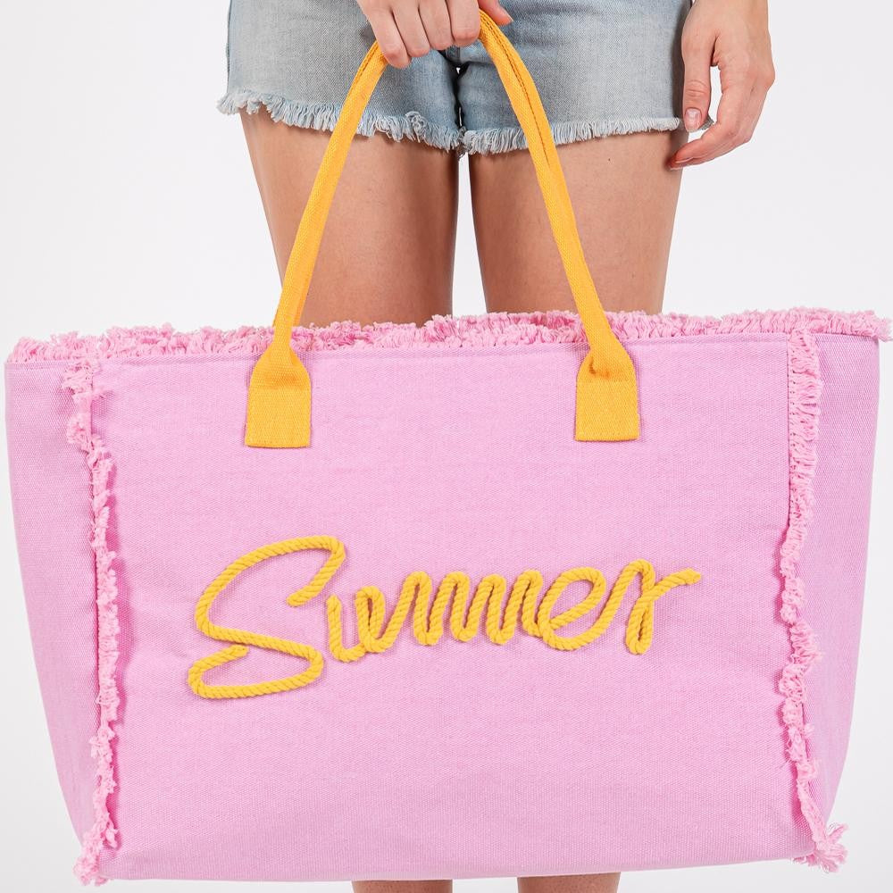 Sewn Rope 'Summer' Letter Fringed Canvas Tote Bag  - Pink