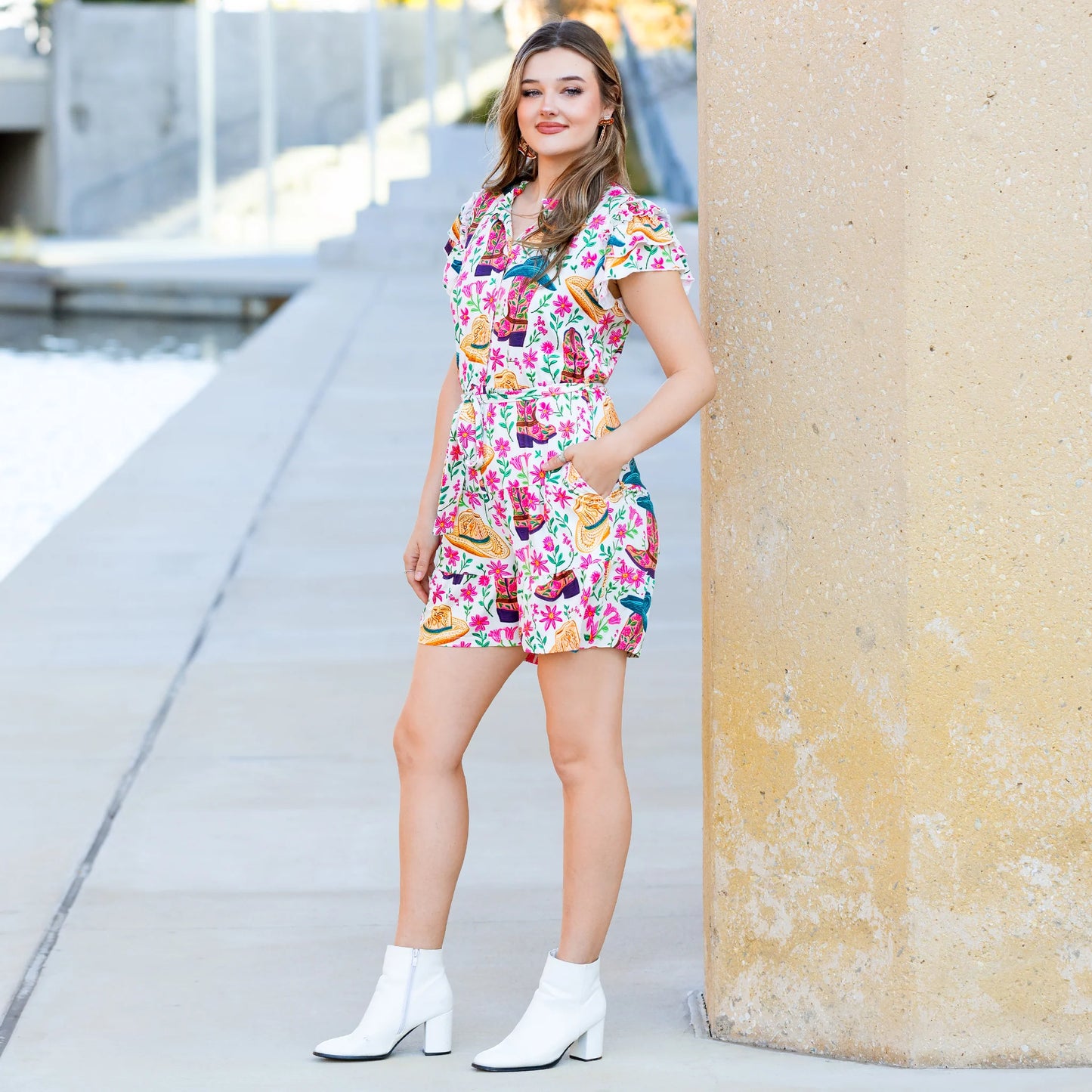 Ruffle Sleeves Floral and Western Print Romper with Pockets