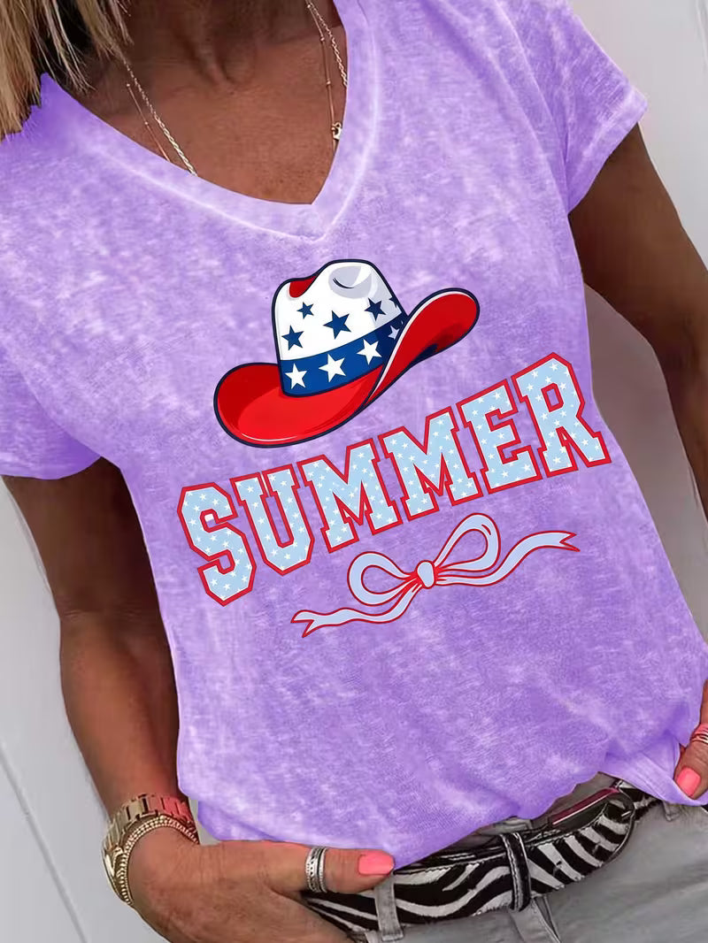 Women's Summer V-neck Vinyl Graphic T-Shirt