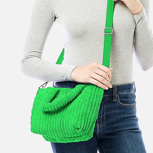 Thick Fuzzy Cord Hand Bag With Matching Removable Adjustable Cross Body Strap - green