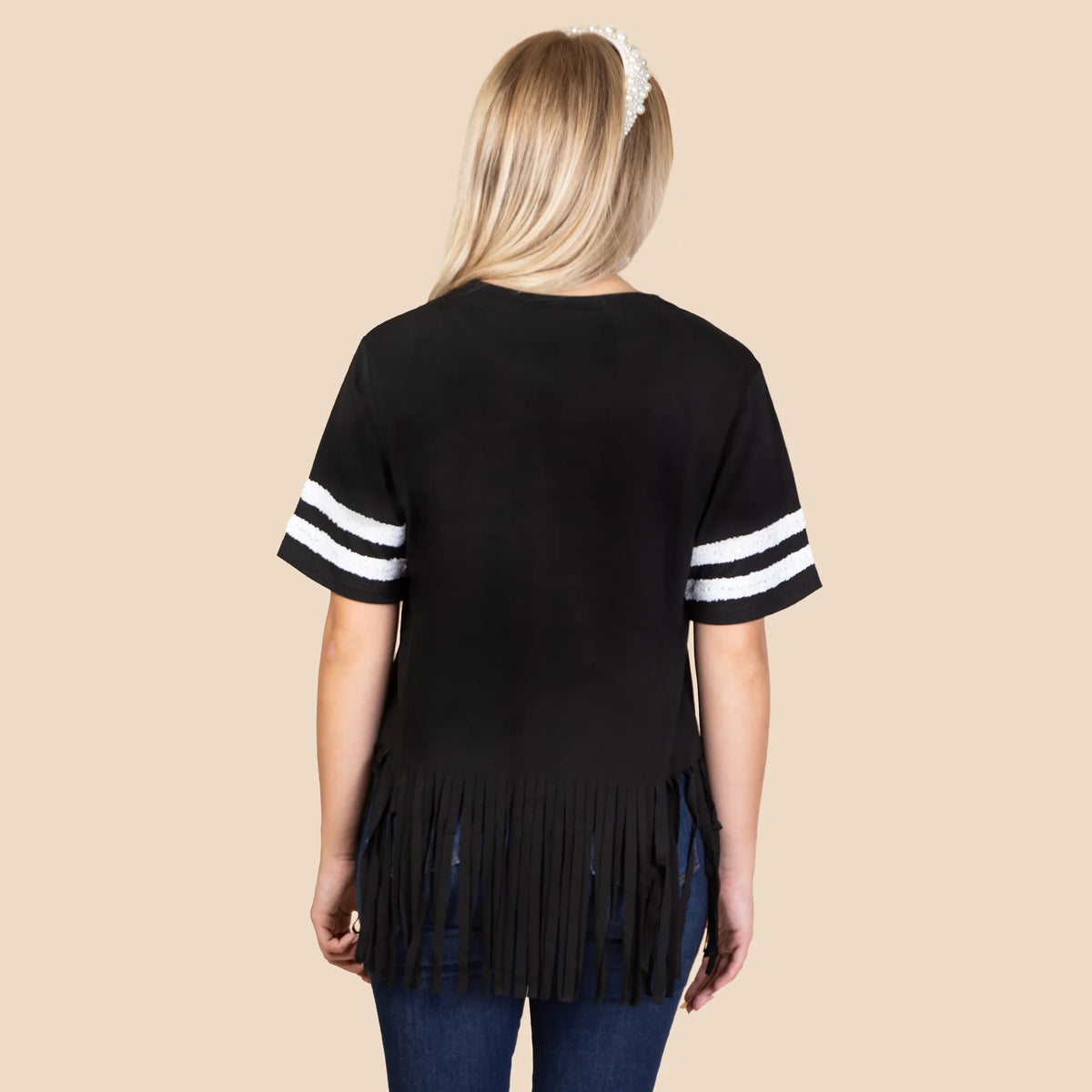 Sunshine & Redeo Game Day Half Sleeve Top with Sequin & Fringe - Black