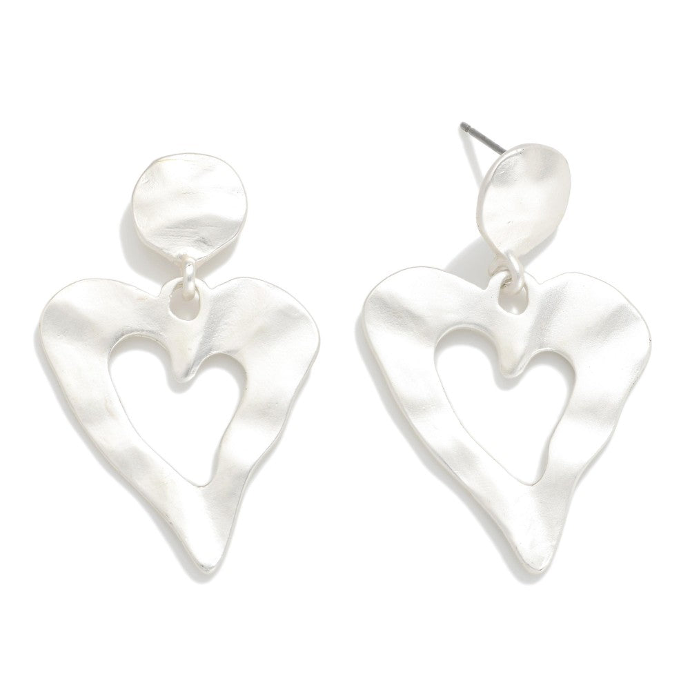 Hammered Metal Heart Post Drop Earrings