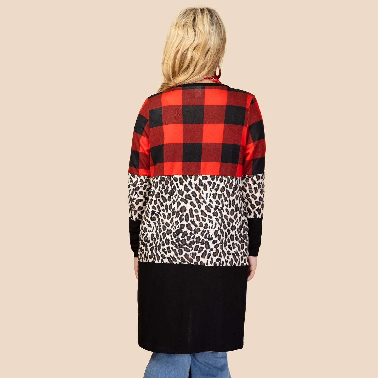 Buffalo Plaid and Leopard Color Block Cardigan with Pockets