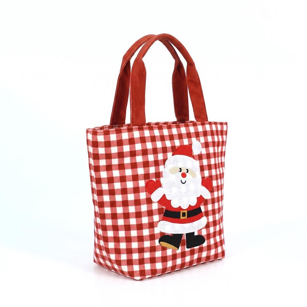 Gingham canvas tote with an embroidered santa applique